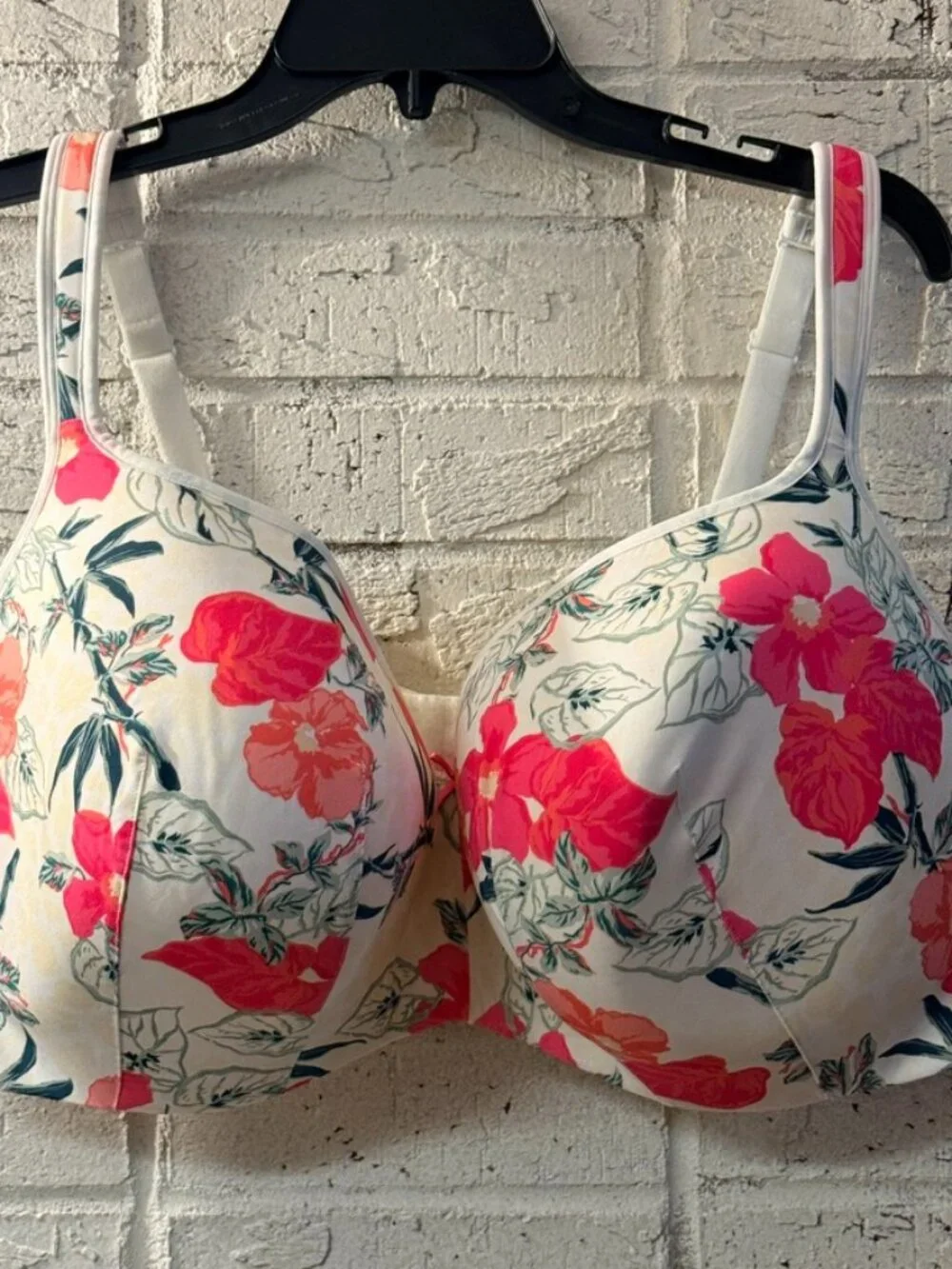 Cacique 44H Floral T-Shirt Bra White Pink Full Coverage Underwire Lane Bryant